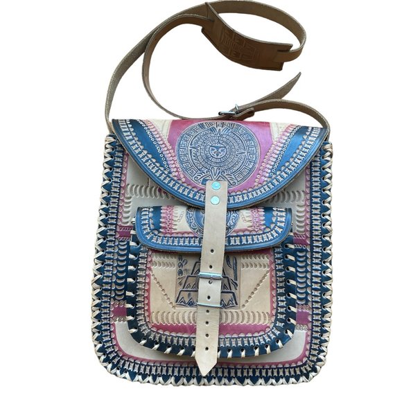 Hand Tooled Leather Bag Crossbody Western Aztec Native American Boho Hippie Big - Picture 2 of 15